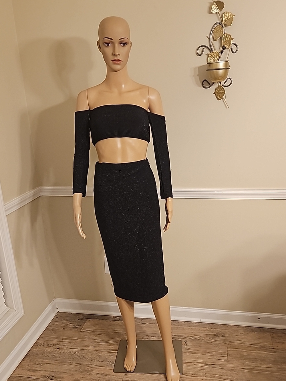 Black Glitter Pencil Midi Skirt